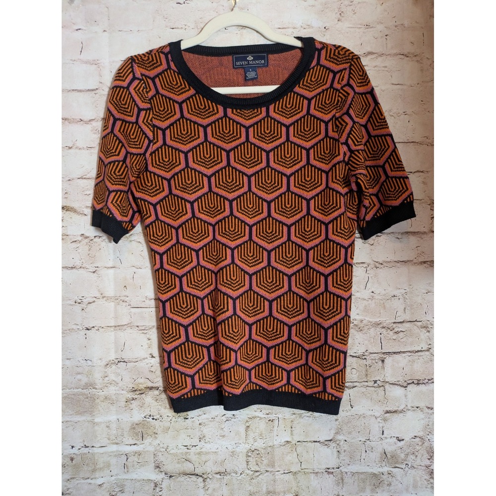 Seven Manor Sweater Women's Small Short Sleeve Pullover Retro Geometric Print